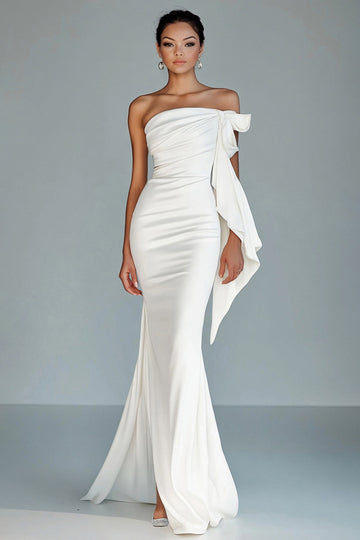 White Strapless Mermaid Ruffled Long  Formal Dress